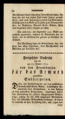 Fortgesetzte Nachricht von der am 17. Jenner 1772. von den Freymäurern für das Armuth gemachten Subscription.