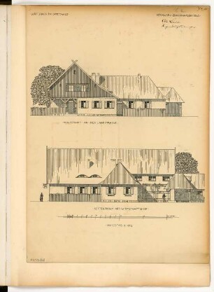 Wirtshaus im Spreewald Monatskonkurrenz Dezember 1908: Aufriss Straßenansicht, Seitenansicht 1:100; Maßstabsleiste