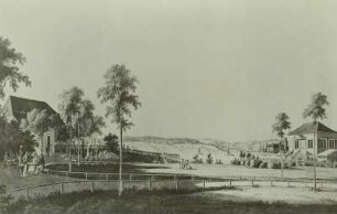 Dresden-Neustadt: Aussicht vom Linckeschen Bade (links das Theatergebäude, rechts davon im Hintergrund das Marcolinische Vorwerk an der jetzigen Schillerstraße, über der Elbe Antons Garten)