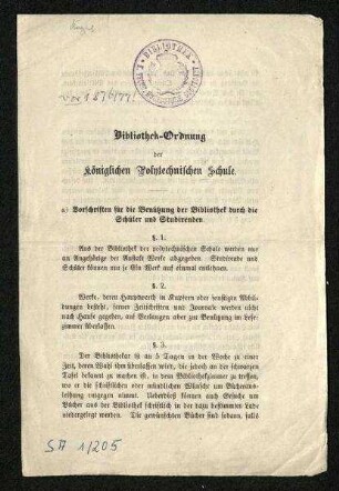 Bibliothek-Ordnung der königlichen Polytechnischen Schule (1875)