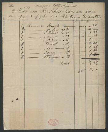 [Rechnung] Nota von B. Schott Söhne aus Mainz für Herrn Hofkantor Rinck