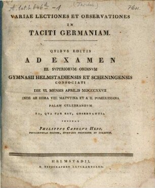 Variae lectiones et observationes in Taciti Germaniam : Commentatio. [1]