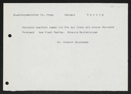Brief von Gerhart Hauptmann an Ludwig Steeg