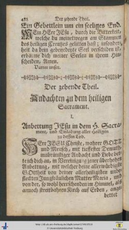 Der zehende Theil. Andachten zu dem heiligen Sacrament.