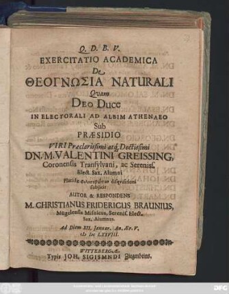 Exercitatio Academica De Theognōsia Naturali