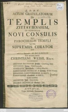 Actum Gratulatorium De Templis Zittauiensium