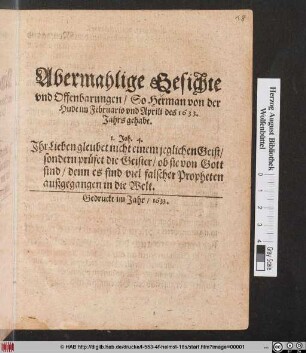 Abermahlige Gesichte und Offenbarungen/ So Herman von der Hude im Februario und Aprili des 1633. Jahrs gehabt