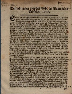 Betrachtungen über das Recht der bayerischen Erbfolge. 1778.