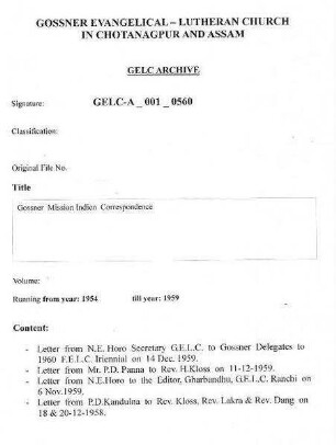Gossner Mission Indien Correspondence