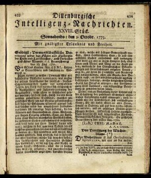 XXVIII. Stück. Sonnabends: den 9. Octobr. 1773.