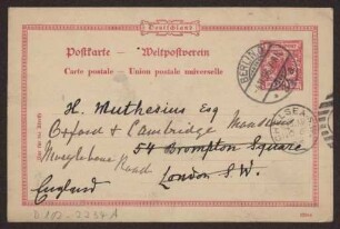 Schreiben an Hermann Muthesius (Postkarte)