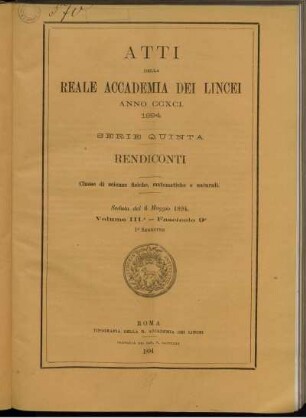 Seduta del 6 Maggio 1894. Volume III. - Fascicolo 9.