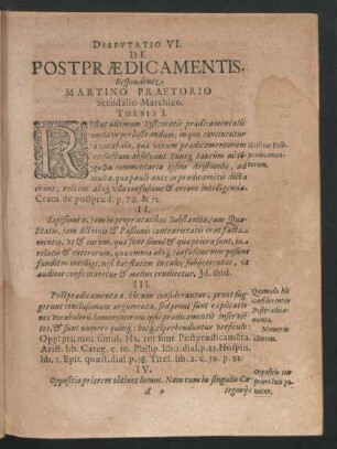 Disputatio VI. De Postpraedicamentis. Respondente Martino Praetorio