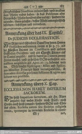 Anmerckungen übers X. Cap. Ecclesia Non Habet Imperium Sacrorum