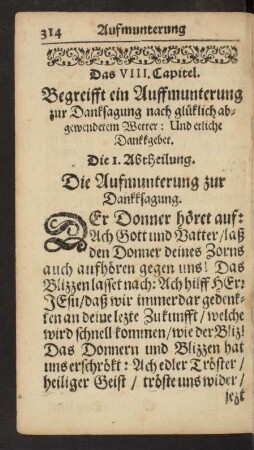 Das VIII. Capitel. Begreifft ein Auffmunterung zur Danksagung nach glücklich abgewendetem Wetter: [...]