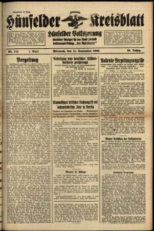 Erste Ausgabe vom Mittwoch, den 11. September 1940.