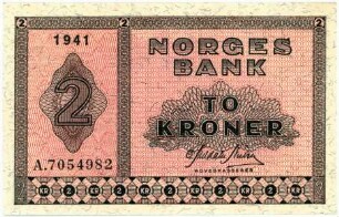 Geldschein, 2 Kroner, 1941