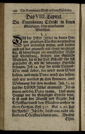 Das VIII. Capitel. Die Einwohnung Christi in denen Gläubigen, eine unerkannte Wohlthat.