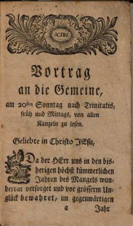 Anordnung auf den ausserordentlichen grossen Dank- Buß- und Bettag : Freitag den 6ten November 1772 in der evangelischen Gemeine zu Regensburg