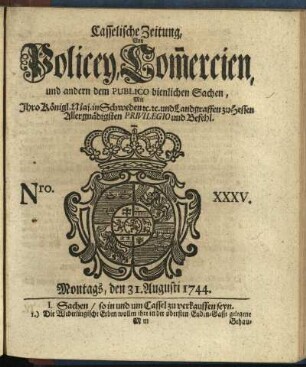 Nro. XXXV, Montags, den 31. Augusti 1744
