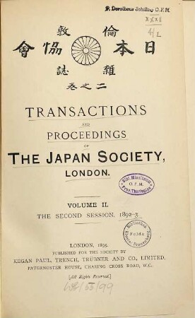 Transactions and proceedings of the Japan Society, London = Rondon-Nihon-kyōkai-zasshii, 2 = Session 2. 1892/93 (1895)