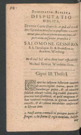 Disputatio Biblica, De tertio Capite Danielis ... respondebit Michael Kereru