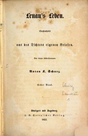Lenau's Leben : Großentheils aus des Dichters eigenen Briefen, 1