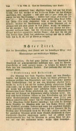 Achter Titel. Von der Anwünschung eines Kindes und der freiwilligen Pflege eines Minderjährigen aus wohlthätigen Absichten