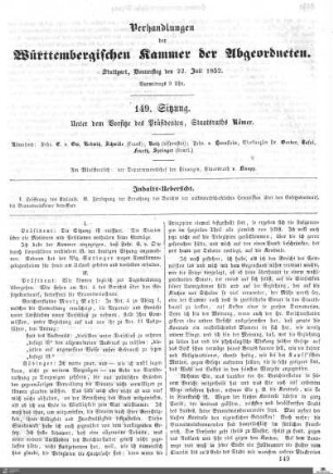 149. Sitzung, Stuttgart, 22.7.1852