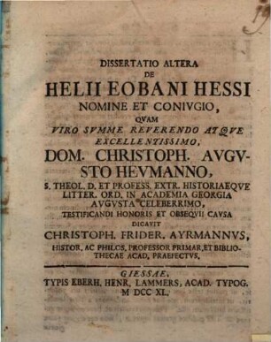Dissertatio Altera De Helii Eobani Hessi Nomine Et Conivgio