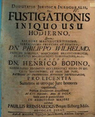 Disputatio Juridica Inauguralis, De Fustigationis Iniquo Usu Hodierno