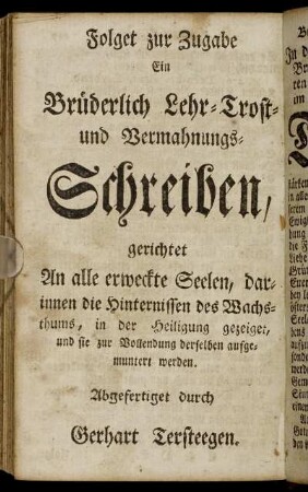 Brüderlich Lehr- Trost- und Vermahnungs-Schreiben,