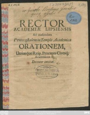 Rector Academiae Lipsiensis Ad audiendam Pentecostalem in Templo Academico Orationem, Utriusque Reip. Proceres Civesq[ue] Academicos Decenter invitat