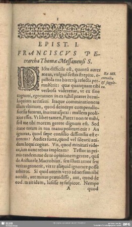 Epist. I. Franciscus Petrarcha Thomae Messanensi S.