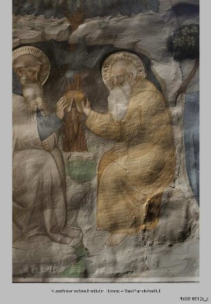 Freskenzyklus mit Szenen aus der Vita des heiligen Antonius : Der heilige Antonius im Gespräch mit dem Eremiten Paulus und Grablegung und Himmelfahrt des heiligen Antonius : Der heilige Antonius im Gespräch mit dem Eremiten Paulus