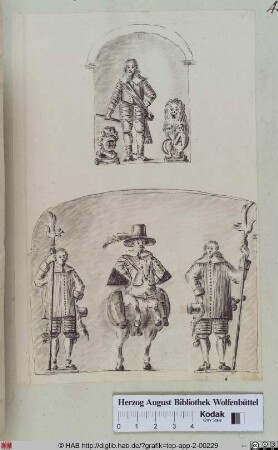 Ein Mann in einer Rüstung; Ein Reiter flankiert von zwei Wachen