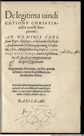 De legitima vindicatione Christianismi veri et sempiterni