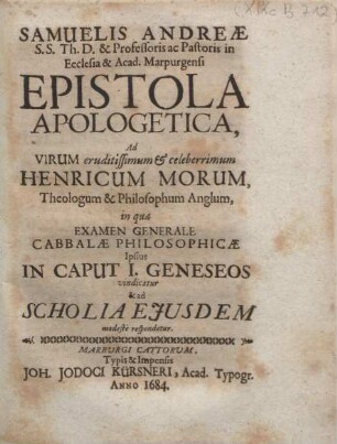 Epistola Apologetica, Ad Virum eruditissimum & celeberrimum Henricum Morum, Theologum & Philosophum Anglum