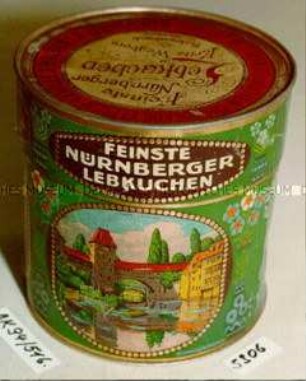 Blechdose für "Feinste Nürnberger Lebkuchen Fritz Weghorn Schwabach bei Nürnberg."