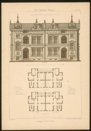 Doppelwohnhaus: Grundrisse und Ansicht (aus: Ein-Familien-Häuser, entworfen und gezeichnet von Hermann Bethke)