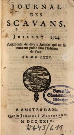 Journal des sçavans. 1724. Juillet - Déc. = T. 75