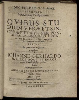 ... Disputationum Theologicarum ... Tertia.