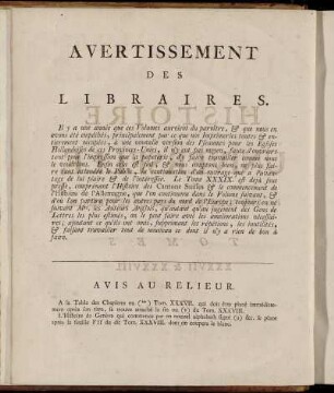 Avertissement des Libraires. - Avis au Relieur.