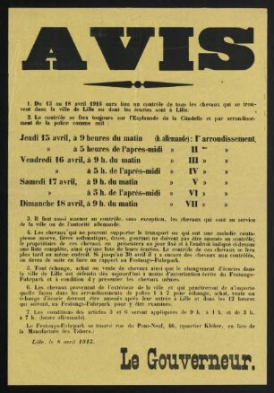 Avis. Le Gouverneur. Lille, 8. avril 1915.