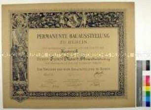 Urkunde zur Verleihung der Preismedaille für hervorragende Leistungen auf dem Gebiet der Keramik auf der Bauausstellung zu Berlin an die Firma Ernst March und Söhne