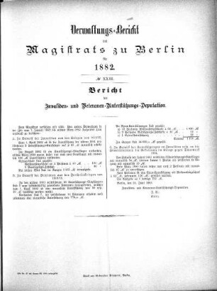 No. XXIII. Bericht der Invaliden- und Vetreranen-Unterstützungs-Deputation