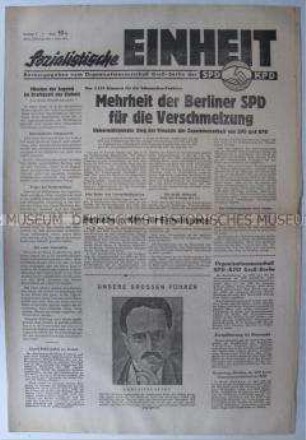 Wochenzeitung "Sozialistische Einheit" zur Vorbereitung der Vereinigung von KPD und SPD in der Sowjetischen Besatzungszone