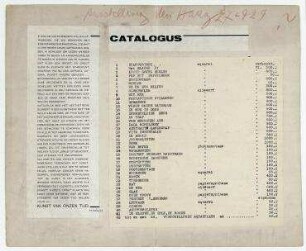 Catalogus. Ausschnitt eines Katalogtextes von Hannah Höch aus dem Katalog Galerie De Bron und eine Liste von Werken Hannah Höchs mit Preisangaben.