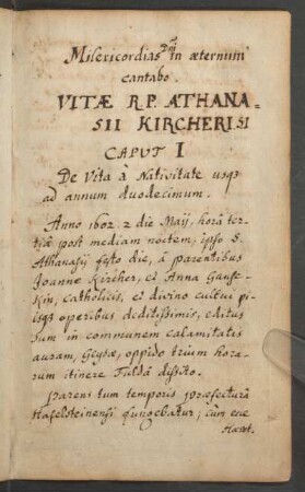 Vitae R.P. Athanasii Kircheri. Caut I De Vita à Nativitate usque ad annum duodecimum.