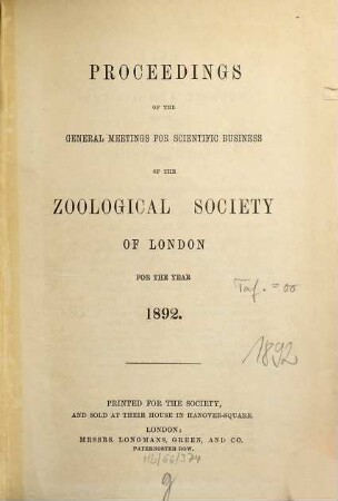 Proceedings of the Zoological Society of London. 1892